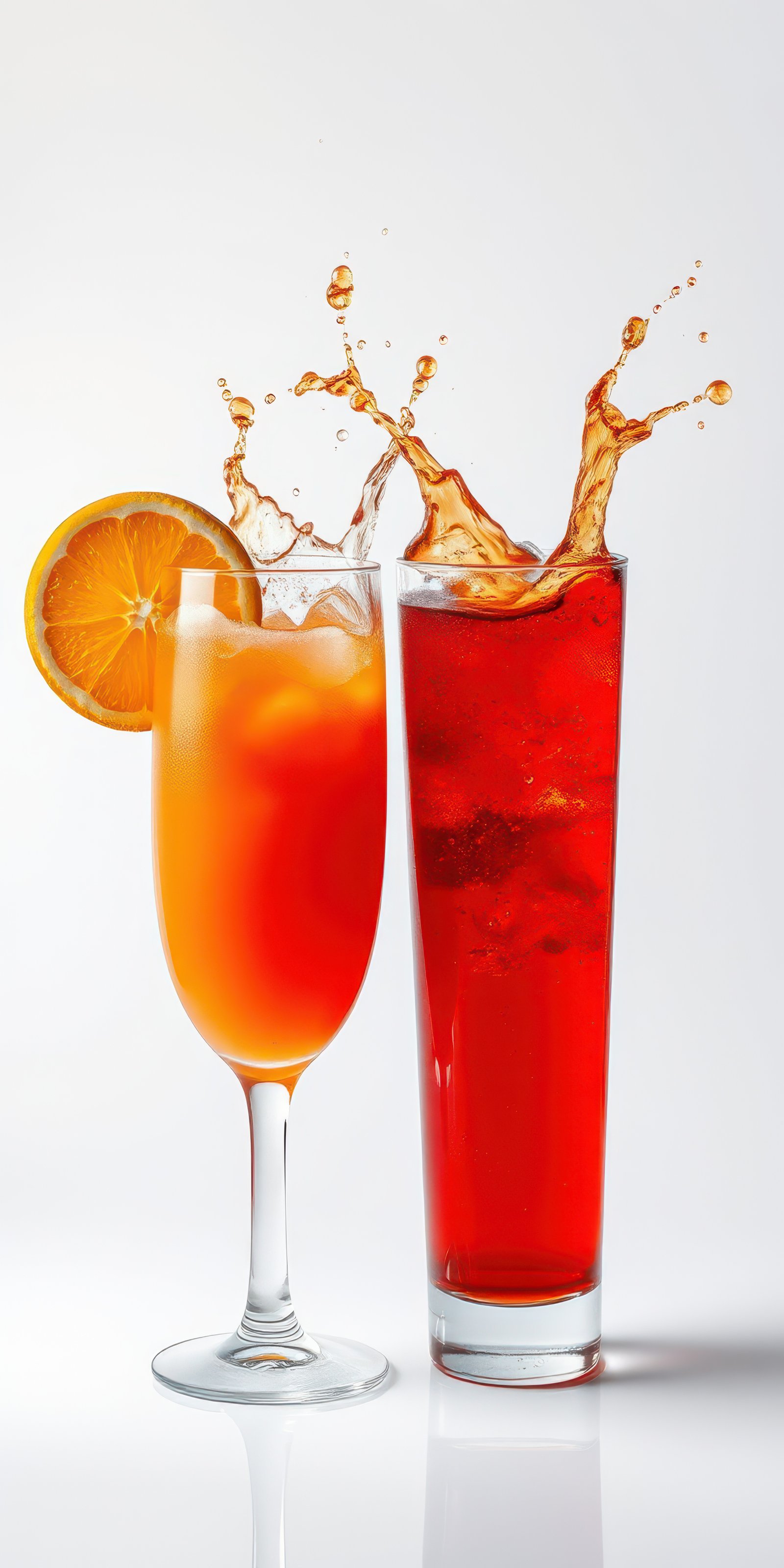 Refreshing cocktails with vibrant colors and splashes celebrating summer gatherings at sunset